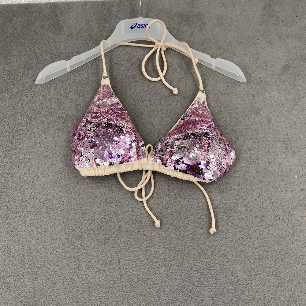 Victorias Secret Womens Sequin Triangle Bikini Top Halter Purple Pink Large
